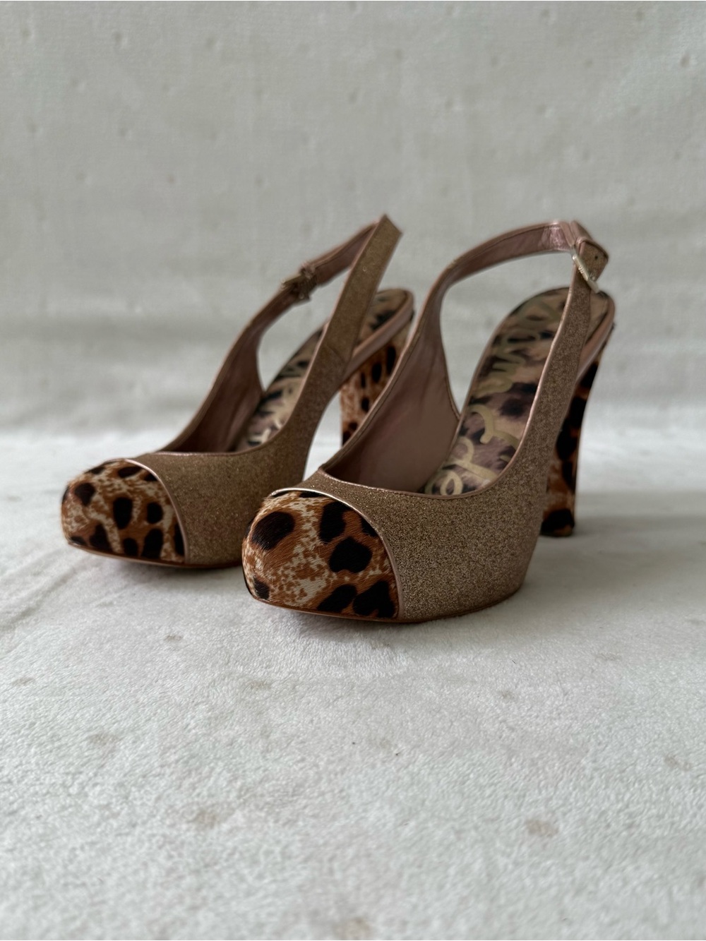 Sam Edelman Finn Rose Gold Glitter Leopard Calf Hair Slingback Heels Size 8M